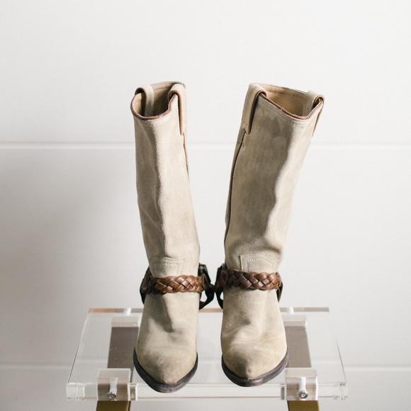 Frye Tan Leather Suede Braided Pointed Toe Boot - Picture 2 of 7